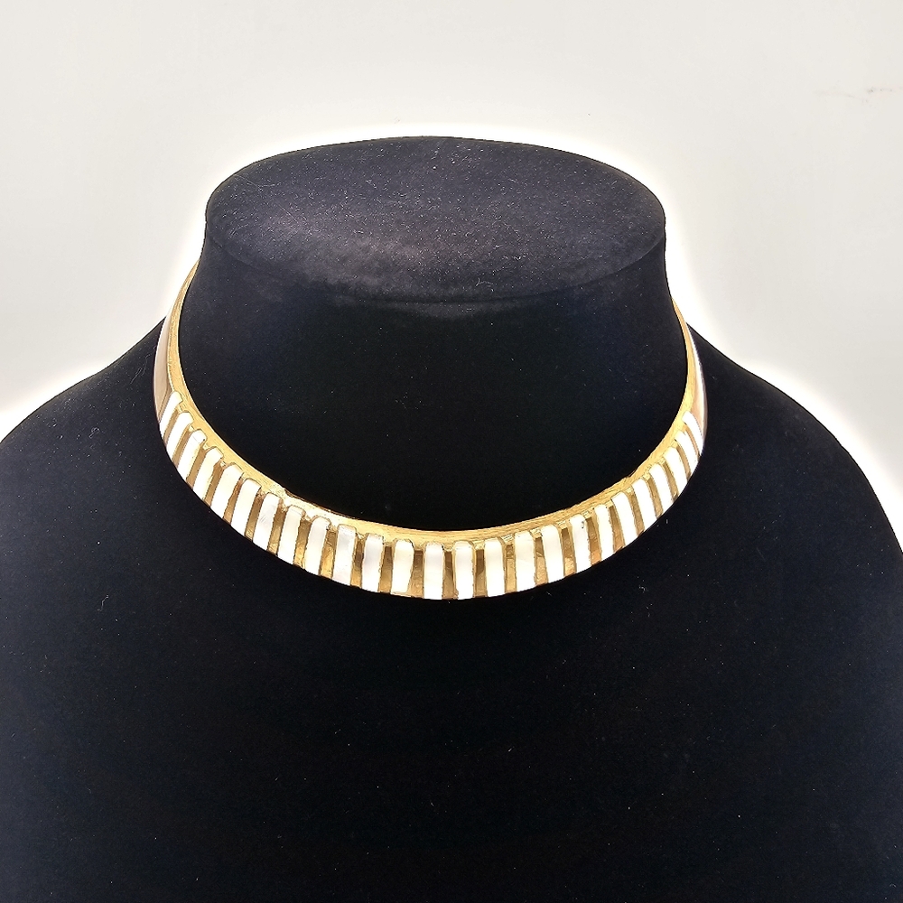 Vintage mother-of-pearl inlay brass choker necklace
